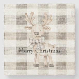 Organic Tan Cream Plaid Stripes Christmas Reindeer Stone Coaster