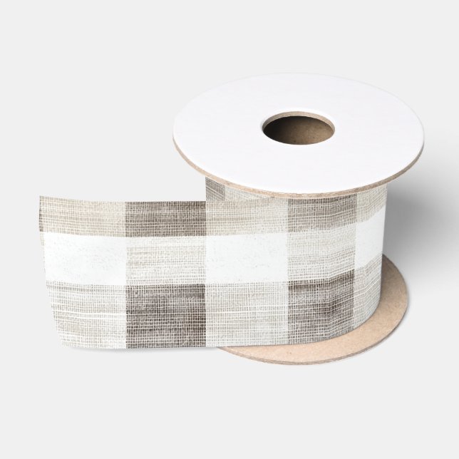 Organic Tan Cream Plaid Stripes Rustic Christmas Satin Ribbon (Spool)