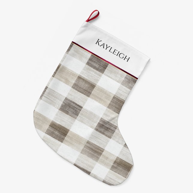 Organic Tan Cream White Plaid burgundy stripe Large Christmas Stocking (Front (Hanging))