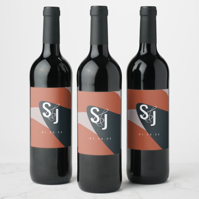 Organic Terracotta Blue Blush Wedding Wine Label (Bottles)