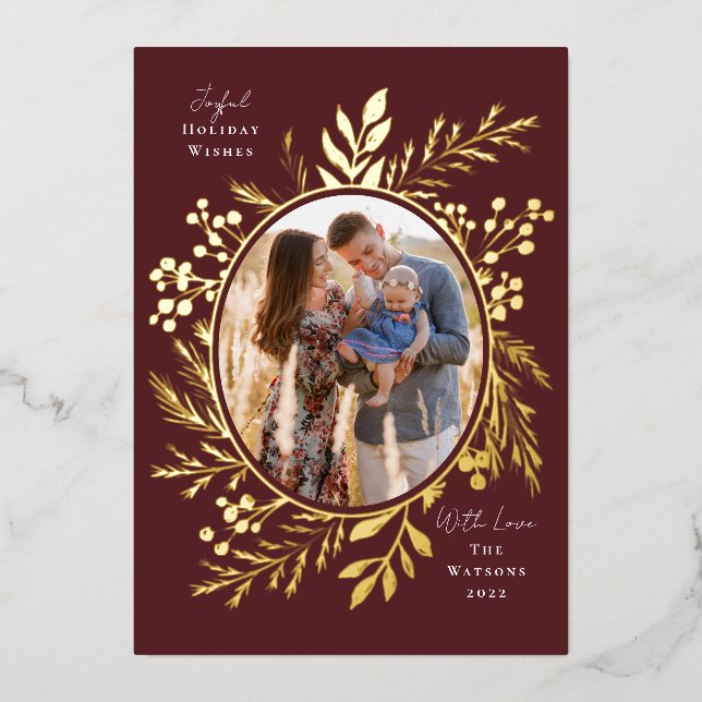 Organic Winter Botanicals Oval Photo Shape Maroon Foil Holiday Card (Front)