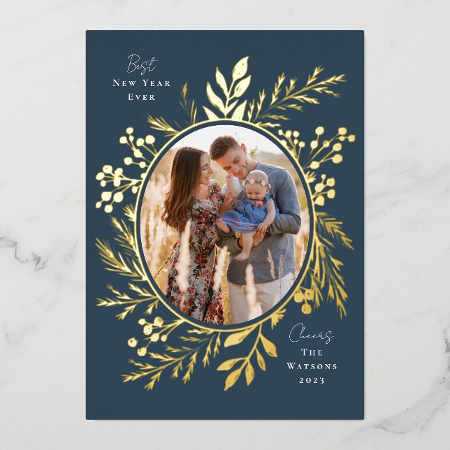 Organic Winter Botanicals Oval Photo Shape Navy Foil Holiday Card (Front)