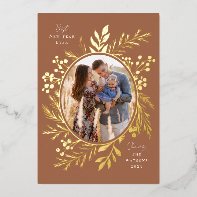 Organic Winter Botanicals Oval Photo Shape Rust Foil Holiday Card (Front)