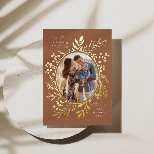 Organic Winter Botanicals Oval Photo Shape Rust Foil Holiday Card