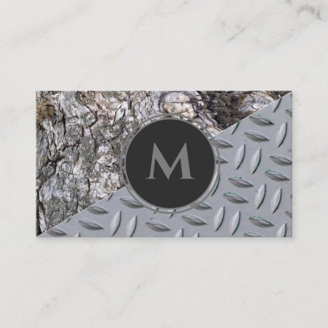 Organic wood grain diamond plate steel monogram business card (Front)
