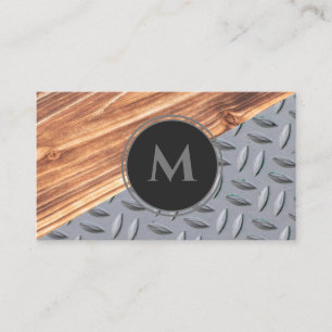 Organic wood surface diamond plate steel monogram  business card
