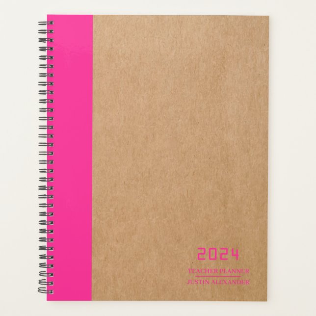 Organized Hot Pink and Kraft Teacher Planner (Front)