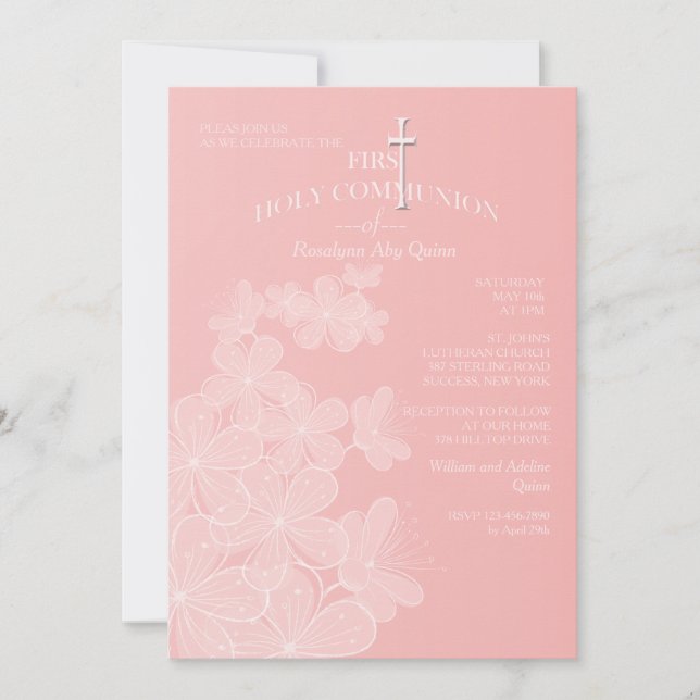 Organza Flowers First Holy Communion Invitation (Front)