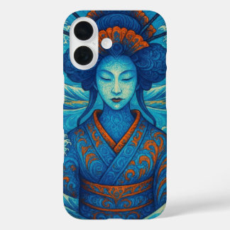 Oriental abstract beauty Geisha Maiko blue waves iPhone 16 Case