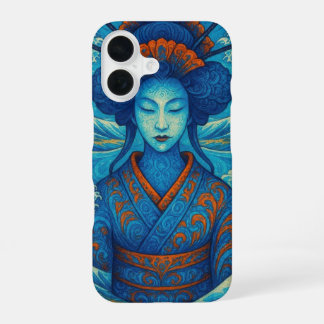 Oriental abstract beauty Geisha Maiko blue waves iPhone 16 Case