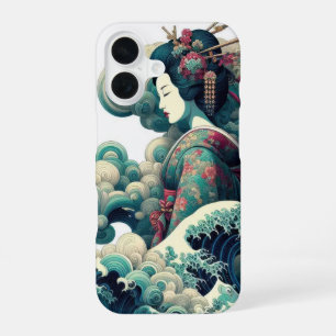 Oriental abstract Geisha Kanagawa waves clouds iPhone 16 Case