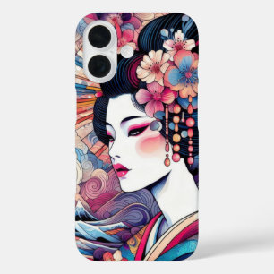 Oriental abstract Geisha pink flowers waves iPhone 16 Case