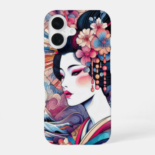 Oriental abstract Geisha pink flowers waves iPhone 16 Case