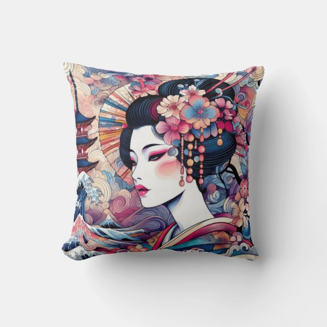 Oriental abstract Geisha pink flowers waves Throw Pillow (Front)