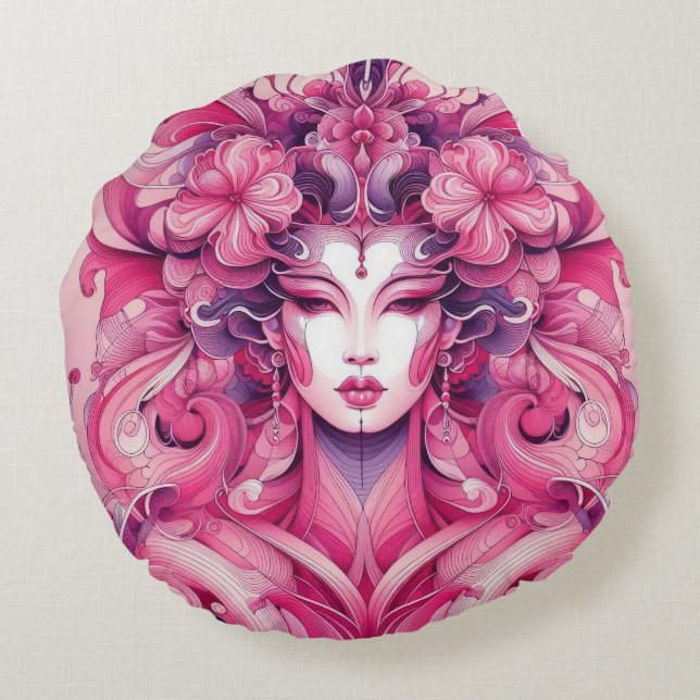 Oriental abstract symetrical Geisha pink flowers Round Pillow (Back)