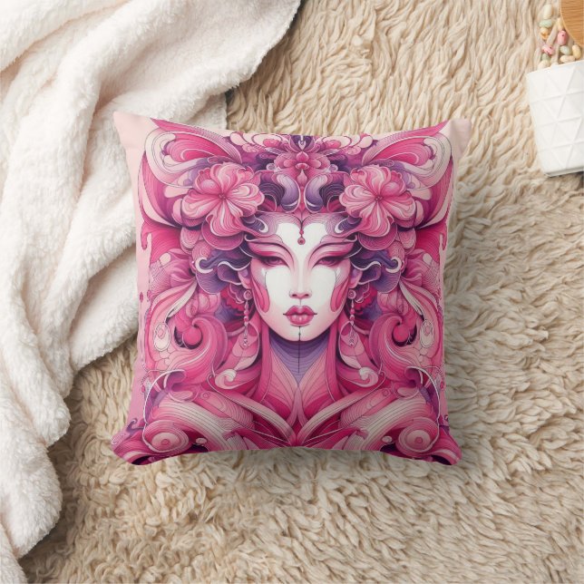 Oriental abstract symetrical Geisha pink flowers Throw Pillow (Blanket)