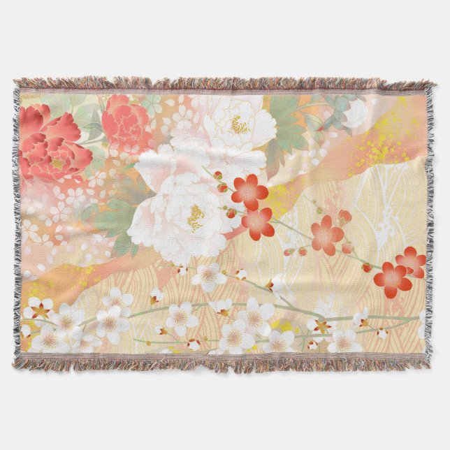 Oriental Accent Japanese Floral Soft Colours Throw Blanket (Front)