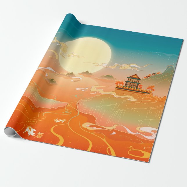 Oriental ancient landscape painting, classical pai wrapping paper (Unrolled)
