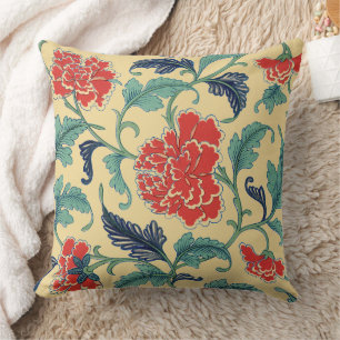 Oriental Antique Botanical Illustration of Peonies Throw Pillow