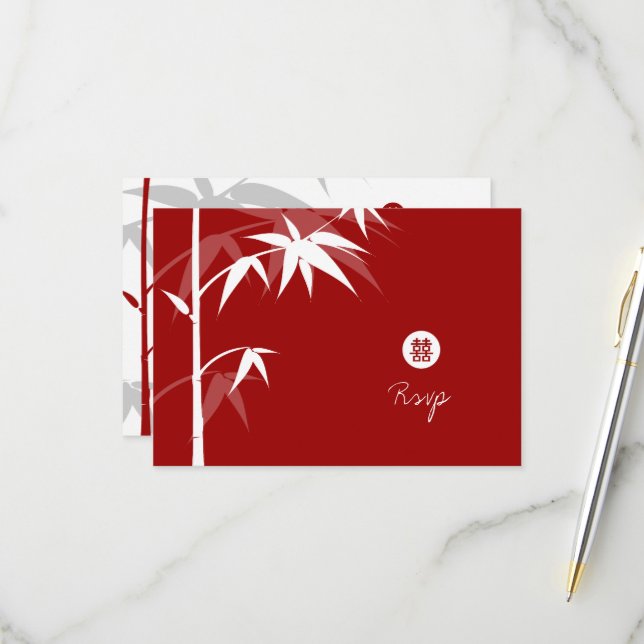Oriental Asian Bamboo Tree Simple Chinese Wedding RSVP Card (Front/Back In Situ)