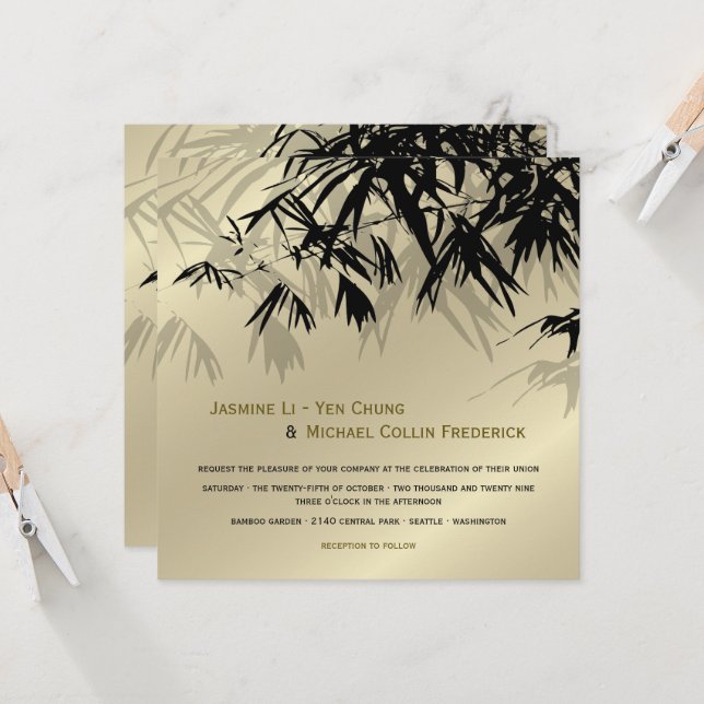 Oriental Bamboo Leaves Black Gold Asian Wedding Invitation (Front/Back In Situ)