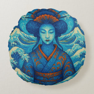 Oriental beauty Geisha Kanagawa blue waves Round Pillow