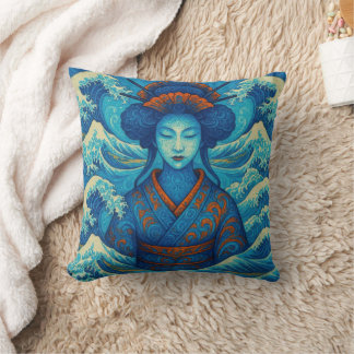 Oriental beauty Geisha Kanagawa blue waves Throw Pillow