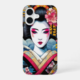 Oriental beauty Geisha Maiko sakura flowers waves iPhone 16 Case
