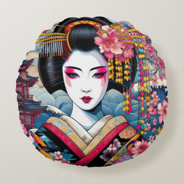 Oriental beauty Geisha Maiko sakura flowers waves Round Pillow (Front)