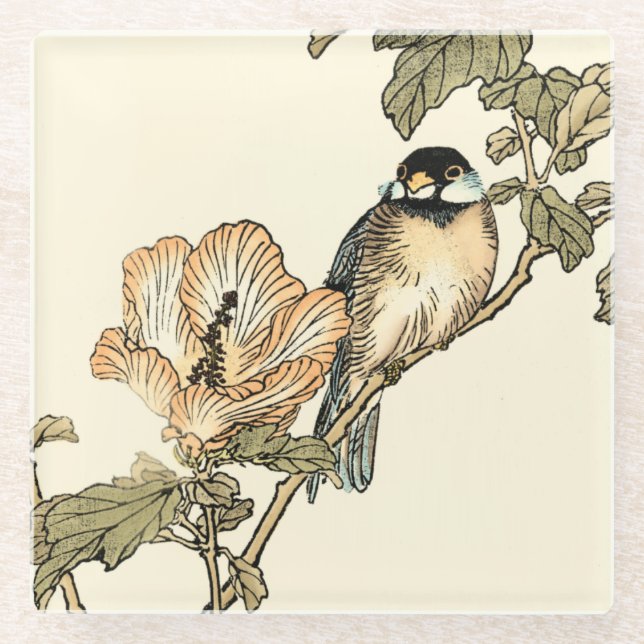Oriental Bird Perched on Branch Glass Coaster (Front)