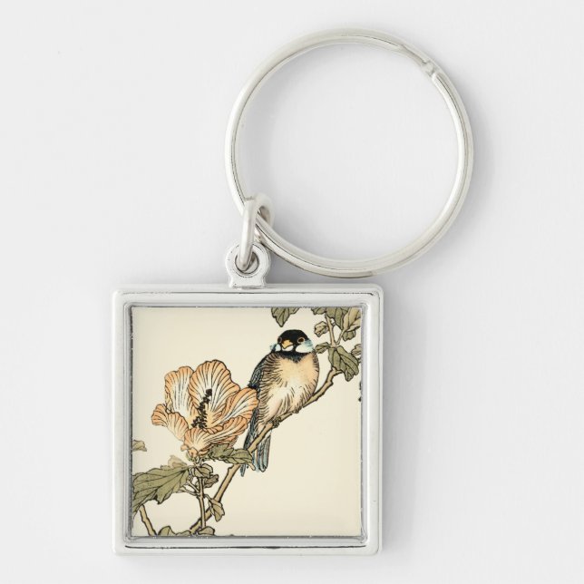 Oriental Bird Perched on Branch Keychain (Front)