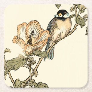 Oriental Bird Perched on Branch Square Paper Coaster