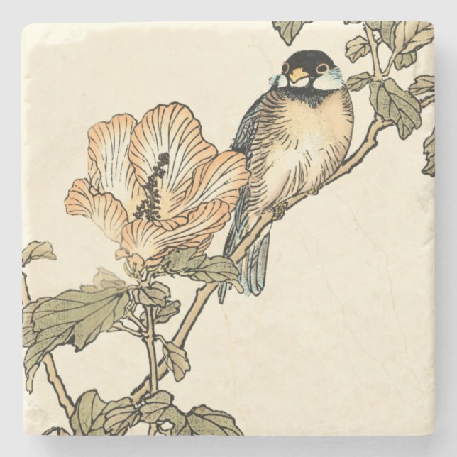 Oriental Bird Perched on Branch Stone Coaster (Front)