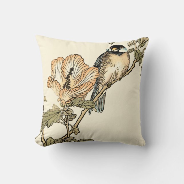 Oriental Bird Perched on Branch Throw Pillow (Front)