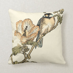 Oriental Bird Perched on Branch Throw Pillow