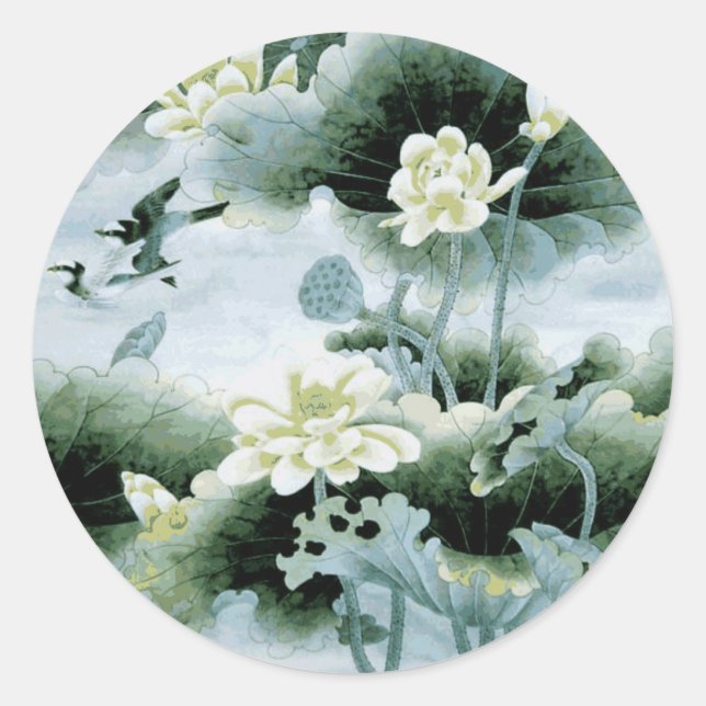 Oriental Birds and Flowers Classic Round Sticker (Front)