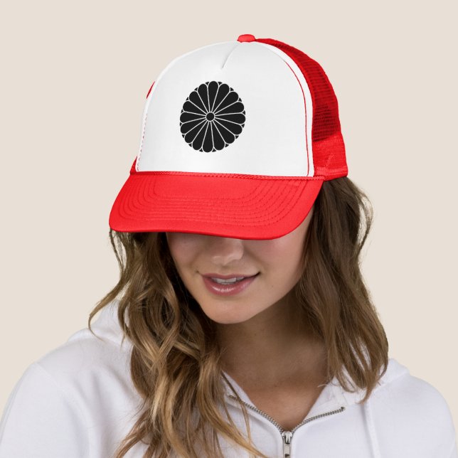Oriental Black Kiku Chrysanthemum Mon Vector Art Trucker Hat (In Situ)