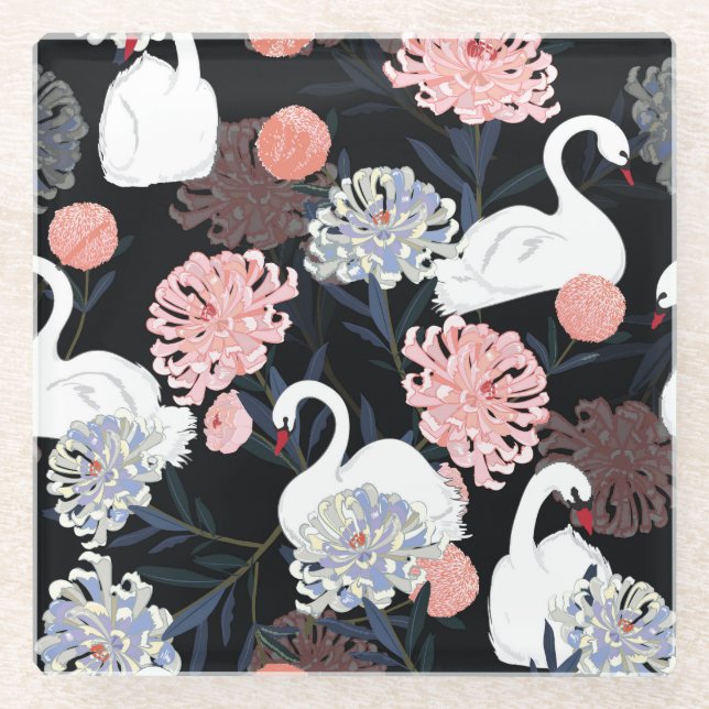 Oriental Blooming Flowers Swan Pattern Glass Coaster (Front)