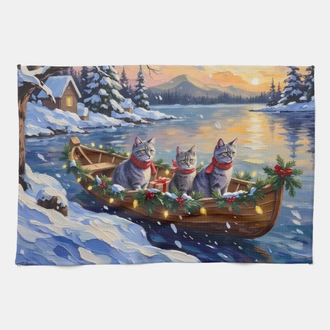 Oriental Blue Cat Christmas Boat Holiday Kitchen Towel (Horizontal)