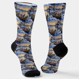 Oriental Blue Cat Christmas Boat Holiday Socks