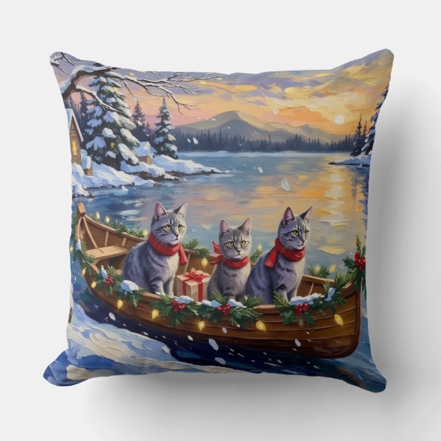 Oriental Blue Cat Christmas Boat Holiday Throw Pillow (Front)