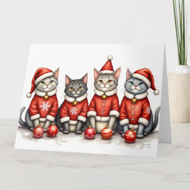 Oriental Blue Cat Christmas Dress Santa Hat Card (Front)