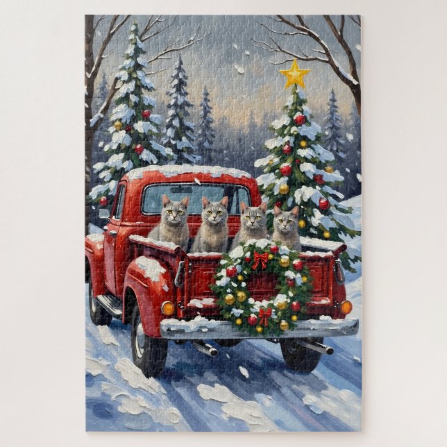 Oriental Blue Cat Christmas Red Truck Holiday Jigsaw Puzzle (Vertical)