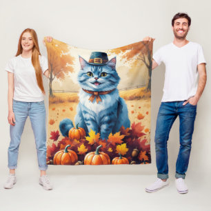 Oriental Blue Cat In Autumn Leaves Thanksgiving  Fleece Blanket