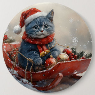 Oriental Blue Cat in Sledge Let it Snow Christmas  6 Inch Round Button
