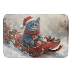 Oriental Blue Cat in Sledge Let it Snow Christmas  Bath Mat