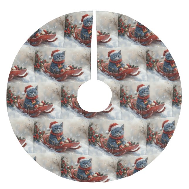 Oriental Blue Cat in Sledge Let it Snow Christmas  Brushed Polyester Tree Skirt (Front)