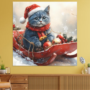 Oriental Blue Cat in Sledge Let it Snow Christmas  Canvas Print