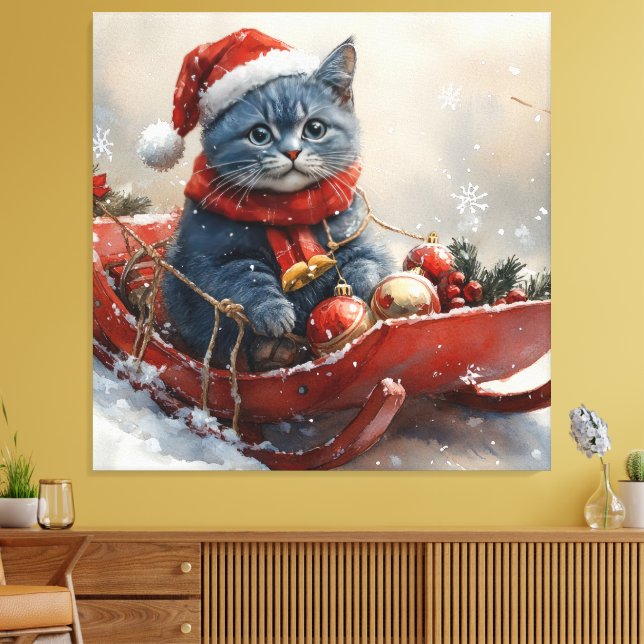 Oriental Blue Cat in Sledge Let it Snow Christmas  Canvas Print (Insitu(LivingRoom))