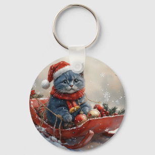 Oriental Blue Cat in Sledge Let it Snow Christmas  Keychain